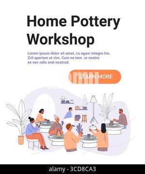 Home pottery workshop creative activity group people making ceramics on pottery wheels cozy indoor studio plants modern decor website banner Stock Vector