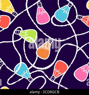 Black seamless pattern with multicolor loops light bulbs garland. Vector pencil or chalk hand drawn background with christmas lights. Stylish textile Stock Vector