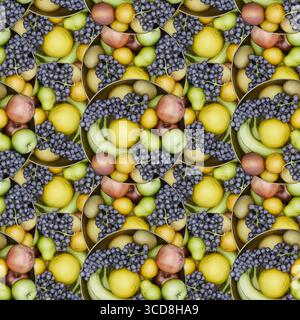 Seamless 3D fruit basket pattern tileable background wallpaper Colorful repeating design perfect for food packaging kitchen decor and commercial resta Stock Photo