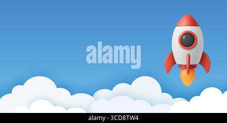 Vector 3d Red and White Rocket Icon, Startup Launch Concept. Blue and White Spaceship, Vector Illustration. Modern Business Logo, Flying Spacecraft Stock Vector