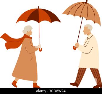 Elegant Couple of People. Elderly Gray-Haired Woman and Man with Umbrella. Isolated Mature Seasonal Character on White Background. Minimalistic flat s Stock Vector