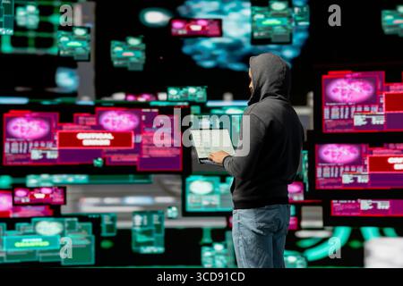 Modern IT attacker uses programming and system override strategy to launch malware and penetrate secure access points. Highlighting cyber crime, hacker practices hacktivism with AI. Stock Photo