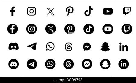 "Social Media Icons Set 2024 – Facebook, Instagram, X, Pinterest, TikTok, YouTube, WhatsApp, LinkedIn, Snapchat, Telegram, Discord, Threads, Messenger Stock Vector