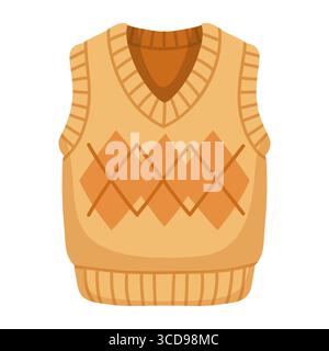 Knitted sleeveless sweater vest with diamond pattern. Cozy fall fashion. Cartoon vector illustration on white background. Stock Vector