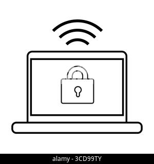Secured laptop device. Wireless network connection. Safe notebook Vector. Digital data protection. Stock Vector