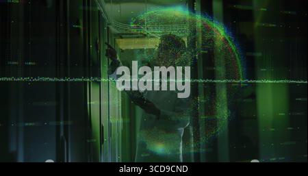 Pointing lab-coated technician holding tablet in server room with floating data streams and globe Stock Photo