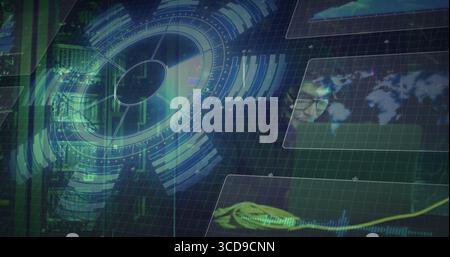 Projecting hologram interface over grid in data center with racks or panels showing map graph portra Stock Photo