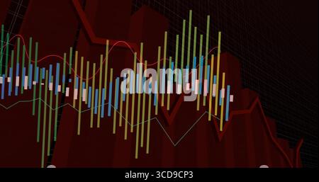 Displaying 3D red columns and multicolored bar segments over black grid backdrop, with trend lines Stock Photo