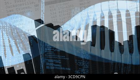 Curving central ribbon displaying alternating blocks in abstract digital space, with code overlays Stock Photo