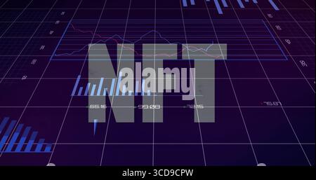 Displaying semi-transparent NFT floating over 3D grid dashboard, with bar charts and line graphs Stock Photo