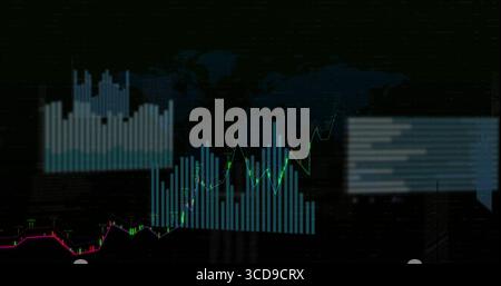 Displaying trading dashboard showing two-tone bars and neon line graphs over map with blurred panel Stock Photo