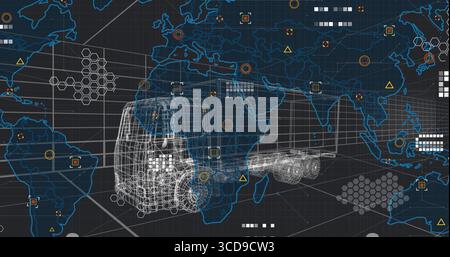 Displaying wireframe semi-truck model over 3d grid floor, with world map overlay and hex patterns Stock Photo