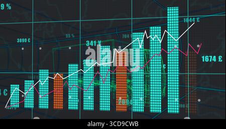Displaying teal-orange bars and white magenta lines on dashboard, with currency labels grid map Stock Photo