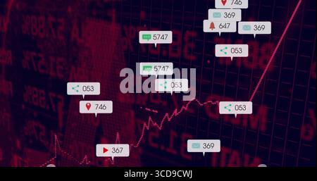 Displaying red-toned line graph on data dashboard with numeric grid, floating notification icons Stock Photo