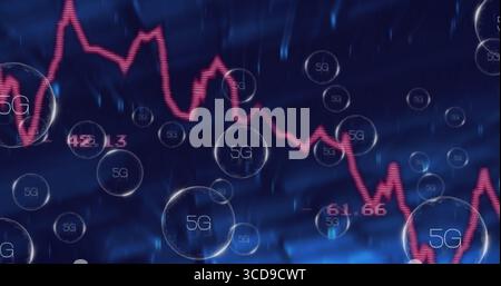 Displaying red fluctuating line graph traversing virtual network, with 5G spheres and light streaks Stock Photo