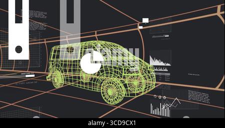 Displaying wireframe 3D van model floating in perspective grid, with pie chart and data panels Stock Photo