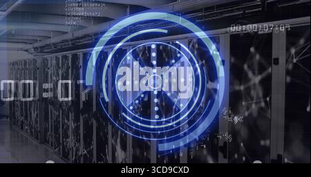 Displaying translucent blue interface on server cabinets in data center hall, showing timers Stock Photo