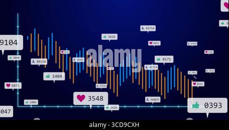 Displaying data visualization on dark blue backdrop with axes, orange and blue bars and labels Stock Photo