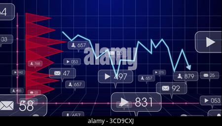 Displaying blue fluctuating line chart on dark grid UI with red bars and numbered icon callouts Stock Photo