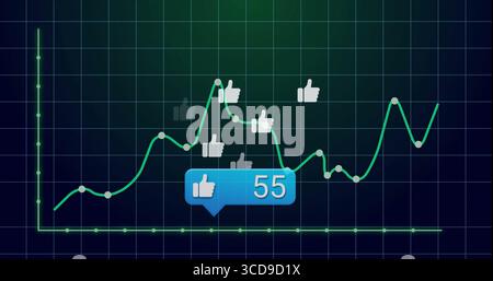 Displaying green line graph on analytics dashboard, with thumbs-up icons and tooltip showing 55 Stock Photo