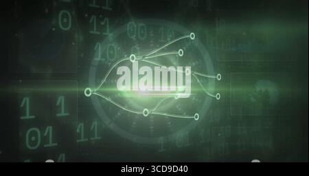 Displaying circular nodes connecting with lines around center glow in interface, digits and graphs Stock Photo