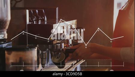 Barista in red apron pulling espresso shot on espresso machine behind coffee bar, with data overlay Stock Photo