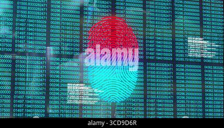 Displaying stylized fingerprint graphic overlaying code columns on security interface, grid lines Stock Photo