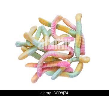 Pastel coloured sugar coated gummy worms candy isolated cutout on white Stock Photo