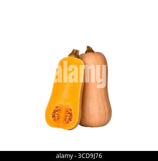 Whole and cut in half butternut squash isolated cutout on white Stock Photo