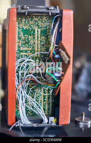 View of the cables, circuits, connectors, etc. of a sound system or camera Stock Photo