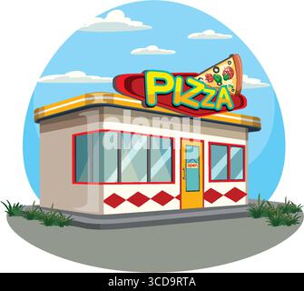 Vector illustration of a standalone pizza restaurant with large colorful sign, geometric windows, and simple landscaping, rendered in a clean cartoon Stock Vector