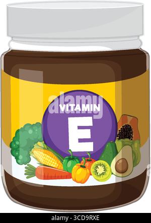 Vector illustration of a vitamin E supplement jar, labeled with a purple circle, surrounded by colorful vegetables and fruits in flat design style Stock Vector