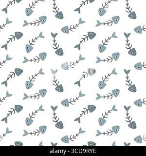 seamless pattern with blue fish skeletons, perfect for animals and marine themed designs.  Stock Vector