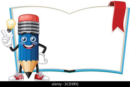Vector illustration of a smiling pencil character holding a light bulb beside an open book with a red bookmark Stock Vector