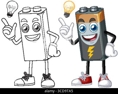 Playful vector illustration of animated battery characters with light bulbs, showcasing creativity and energy in a cartoon style Stock Vector
