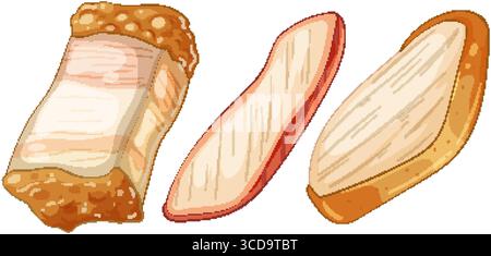 Illustration of three Asian food ingredients with detailed textures and vibrant colors, highlighting culinary diversity and artistic style Stock Vector