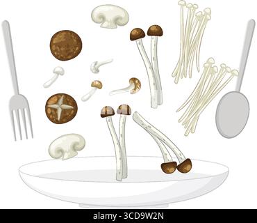 Vector illustration of various mushrooms dropping onto a white plate, with fork and spoon, clean background, flat style, neutral color palette Stock Vector
