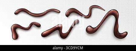 Glossy chocolate sauce drop patterns with flowing curves and wavy shapes on transparent bg for dessert decoration. Dark brown syrup drizzles in liquid lines for sweet toppings or confectionery design Stock Vector