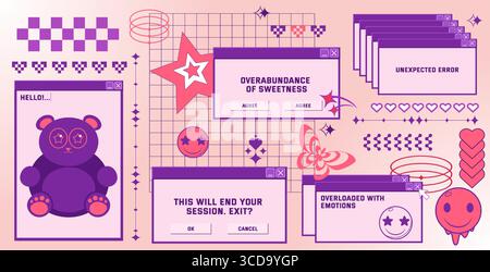 Retro internet y2k aesthetic with purple popup windows, error messages and pixel hearts on pink grid bg. Nostalgic computer interface with emoticons, stars and decorative elements for vaporwave design Stock Vector