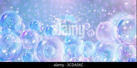 Floating sparkle bubble spheres with iridescent reflections and glowing particles on pastel gradient background. Transparent orbs on blue and purple dreamy bg - magical design with bokeh effects. Stock Vector