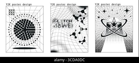 Techno poster y2k retro designs with grid patterns, star motifs and typography for millennium aesthetic. Black and white geometric art with warped perspective, halftone circle or digital glitch effect Stock Vector