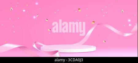 Pink ribbon podium with flowing silk fabric and golden confetti sparkles on gradient background for feminine product presentation. Circular platform with elegant textile waves for luxury display scene Stock Vector