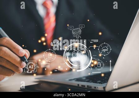 AI assists a businessman using a computer, demonstrating how ai can help business and is transforming daily life through the Internet of Things and ar Stock Photo