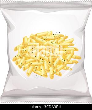 Vector illustration of a clear plastic snack bag containing penne pasta, rendered in a clean, realistic style with subtle shading and highlights Stock Vector