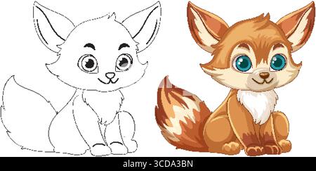 Adorable fox illustration in vector style, showcasing both outline and colored versions. Perfect for children's media and educational materials Stock Vector