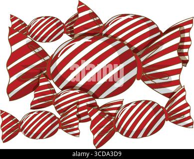 Vector illustration of assorted red and white striped candies in shiny wrappers, arranged in a scattered composition with bold, high-contrast colors a Stock Vector