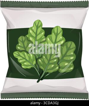 Crisp vector illustration of a snack bag with leafy greens design, flat style, clean lines, and a green and white color palette Stock Vector