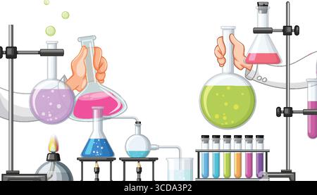 Vector illustration of hands pouring vibrant liquids into laboratory flasks and beakers, with test tubes, burners, and scientific equipment on a white Stock Vector