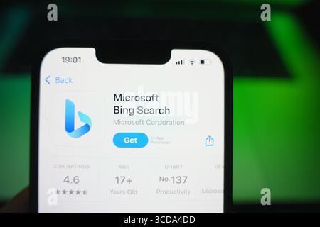 Roosendaal, The Netherlands - August 09, 2025: A smartphone displaying the logo of Microsoft Bing Search in the App Store. Stock Photo