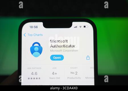Roosendaal, The Netherlands - August 09, 2025: A smartphone displaying the logo of Microsoft Authenticator in the App Store. Stock Photo